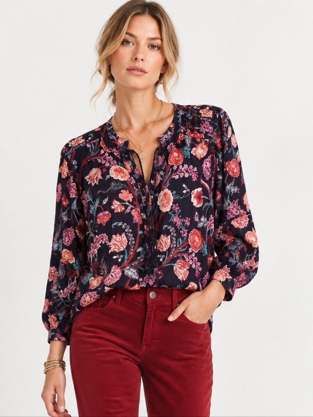 Lucky Brand navy red rayon floral top boho Long Sleeve